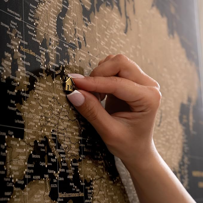Canvas World Map with Cork Pin Board - English Lettering - Decorative Wall Decoration for All Rooms - Canvas Pictures with World Map Motif (120x80 cm, Pattern 6)