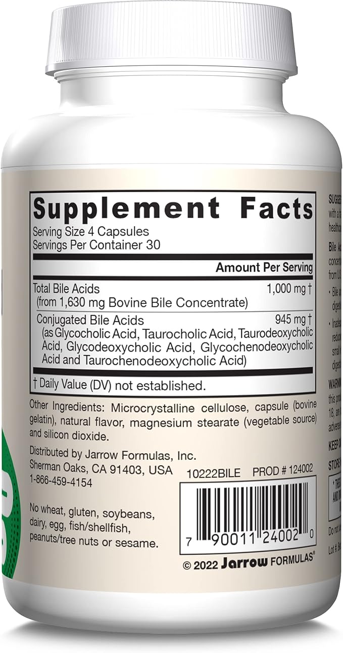 Jarrow Formulas Bile Acid Factors 1000 mg With Conjugated Bile Acids, Dietary Supplement for Digestion Support and Absorption of Fats & Fat-Soluble Nutrients, 120 Capsules, 30 Day Supply