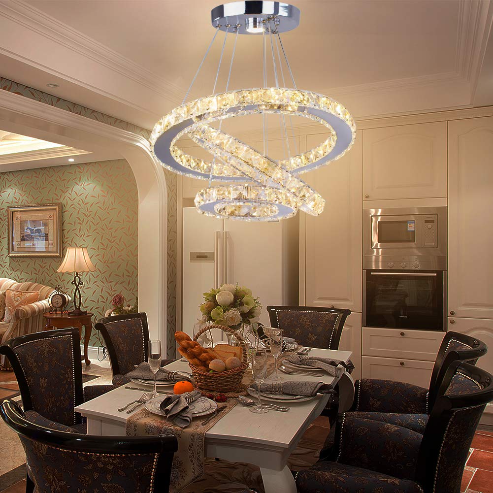 diisunbihuo LED Chandelier Modern Crystal Pendant Light Adjustable 20/30/40in Warm White Silver for Bedroom Living Room Dining Room