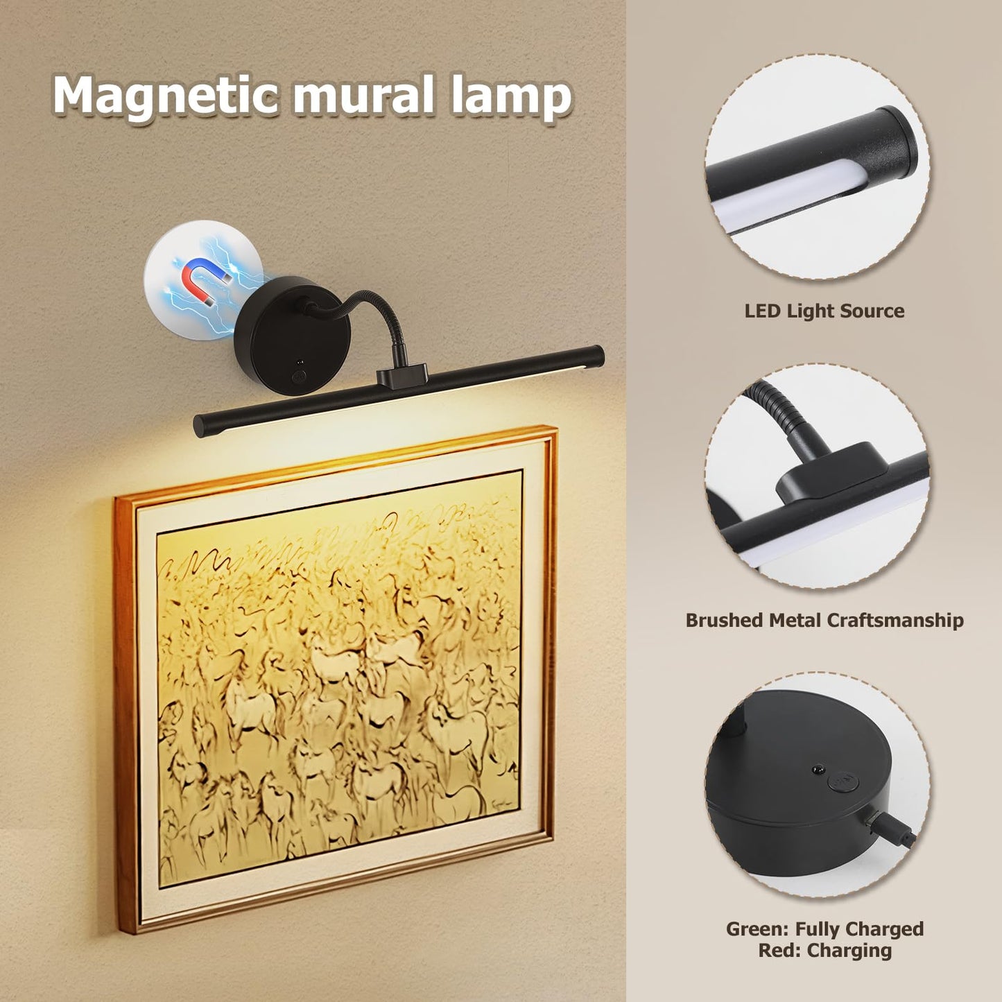 Picture Lights For Wall - Wireless Rechargeable Led Light With Remote  Adjustable Arm  Gold Battery Operated Display Lighting For discomfort-reducingtings  Bedroom  Gallery Wall D?Cor (Black  12.6 Inch - 2Pack)