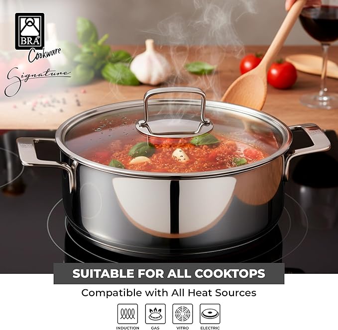 BRA COOKWARE Signature 5 Piece Cookware Set | Stainless Steel Professional Kitchenware Set | 1 Pot, 1 Colander, 2 Frying Pans, 1 Lid | All Stovetop Compatible | PFOA Free