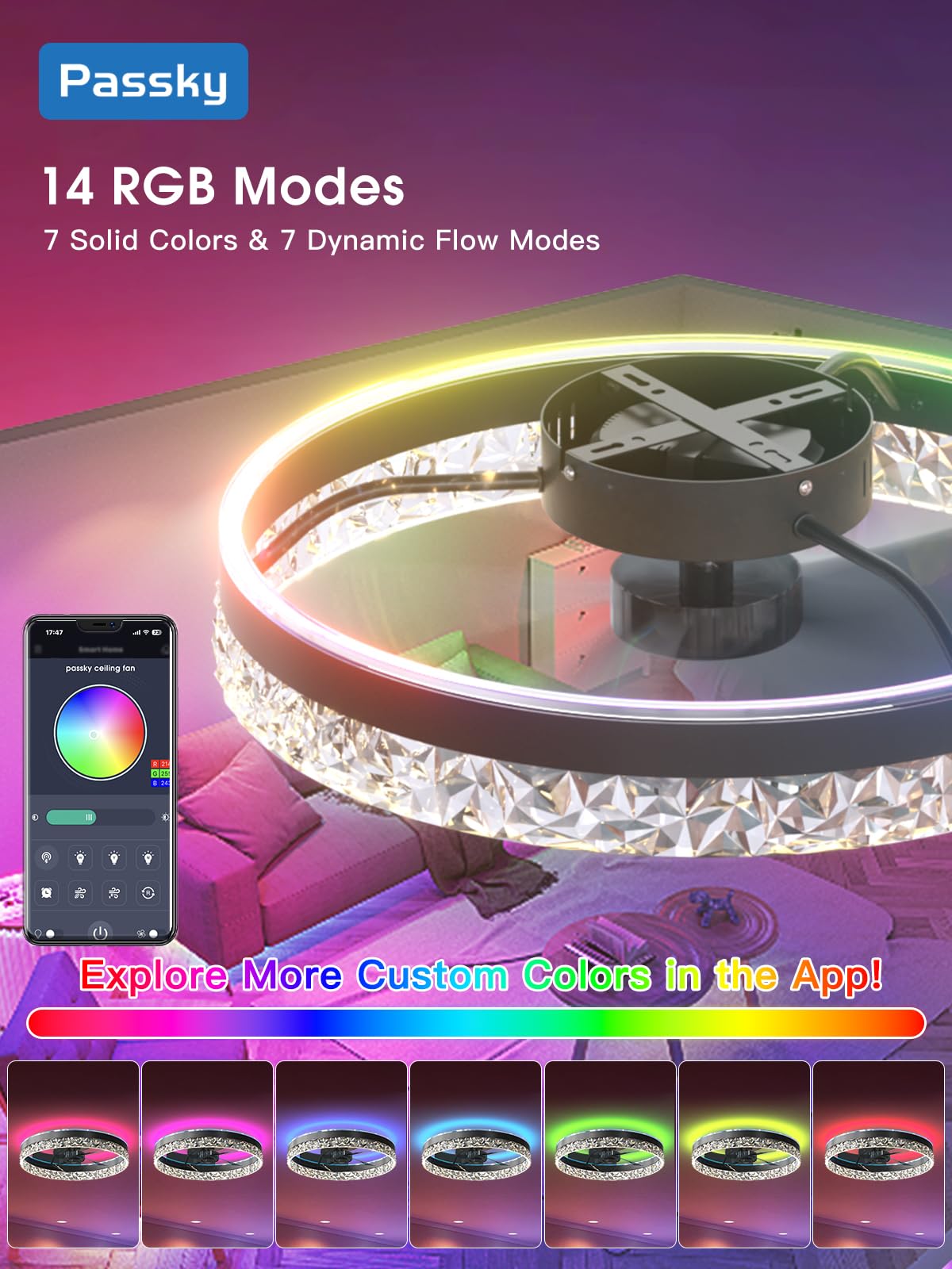 Passky RGB Flush Mount Ceiling Fan with Light, 19.7in  cutting edgeless, APP & Remote Control, Black, Model NFM0201081