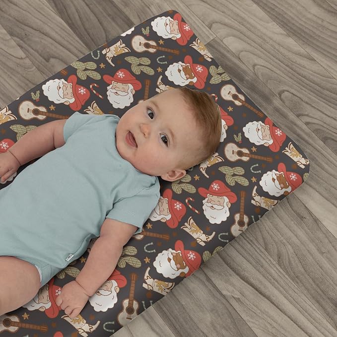 Christmas Western Cowboy Santa Baby Changing Pad Covers for Boy Girl Country Santa Cactus Boots Guitar Fitted Changing Table Mats Winter Holiday Festive Soft Diaper Change Table Sheets 32''×16''