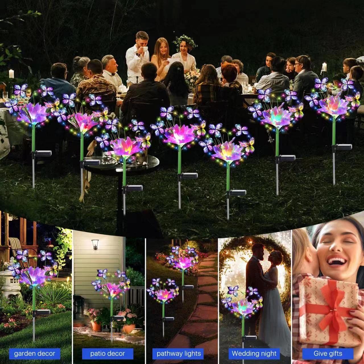 Aukora Solar Garden Lights - Waterproof Heart-Shaped Design With Butterflies & 7 Color Changing Leds - 2-Pack, Multicolor