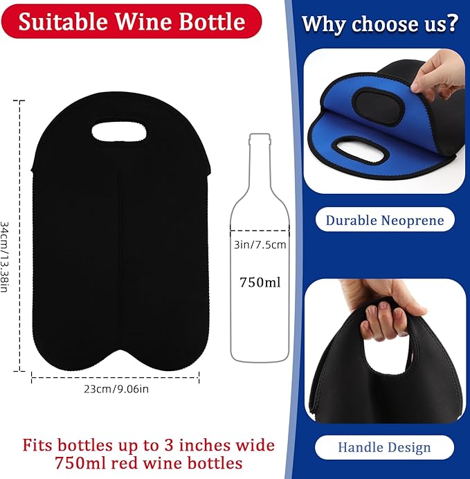 Desing Wish 2-Bottle Set Wine Carrier Tote Bag for 750ml Red/White Wine Bottles, Insulated Neoprene Wine Cooler Bag Wine Gift Bags for Gift/Picnic/Party/Beach/Christmas - Blue