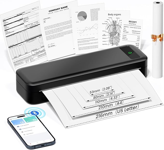 Portable Printers Wireless for Travel, A285M Small Inkless Thermal Printer, Bluetooth Mobile Printer Support 8.5" X 11" Le...