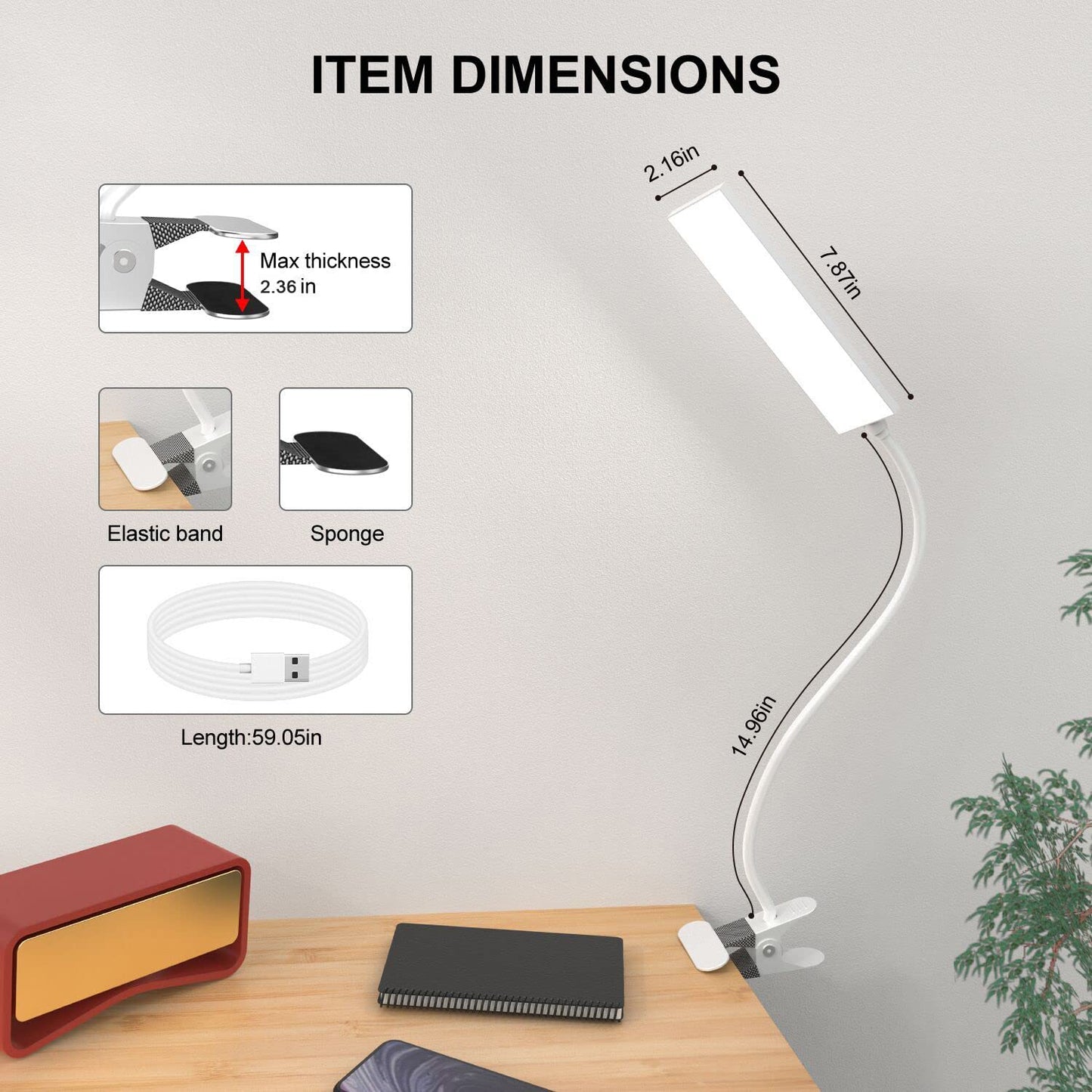 Vansuny LED Desk Lamp with Metal Clip, 11 Brightness Levels, 3 Color Modes, USB Powered, Flexible Gooseneck, White