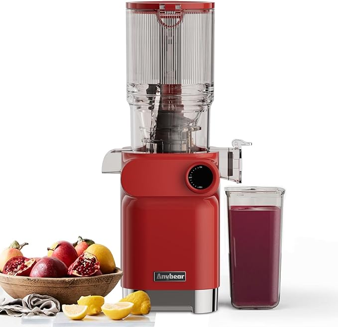 Anybear Cold Press Juicer, 200W Slow Masticating Juicer 4.3" Large Feed Chute Fit Whole Fruits Vegetables | Upgraded Auger | Tritan Materials | BPA Free | Easy to Clean with Brush (Red)