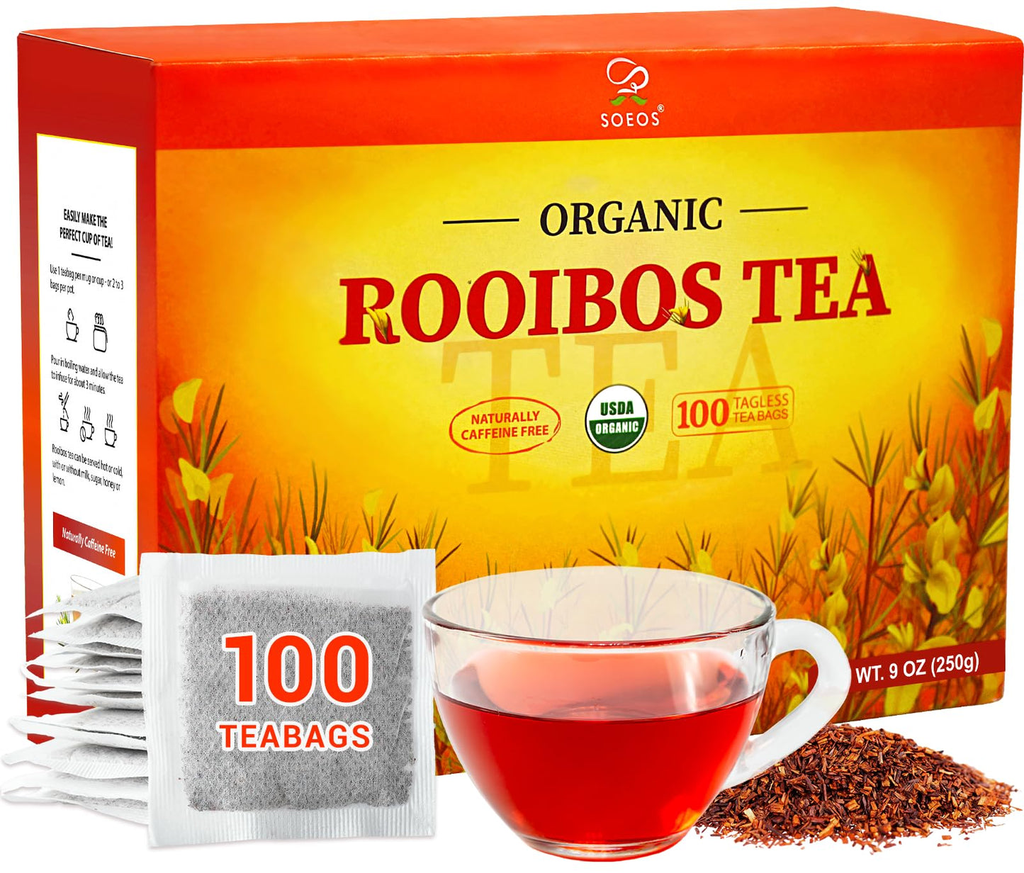 Soeos Organic Rooibos Tea  100 Teabags  Naturally Caffeine Free  USDA and Non GMO Certify  Smooth and Robust Flavor  Excellent for Hot or Iced Brew  9oz (250g)