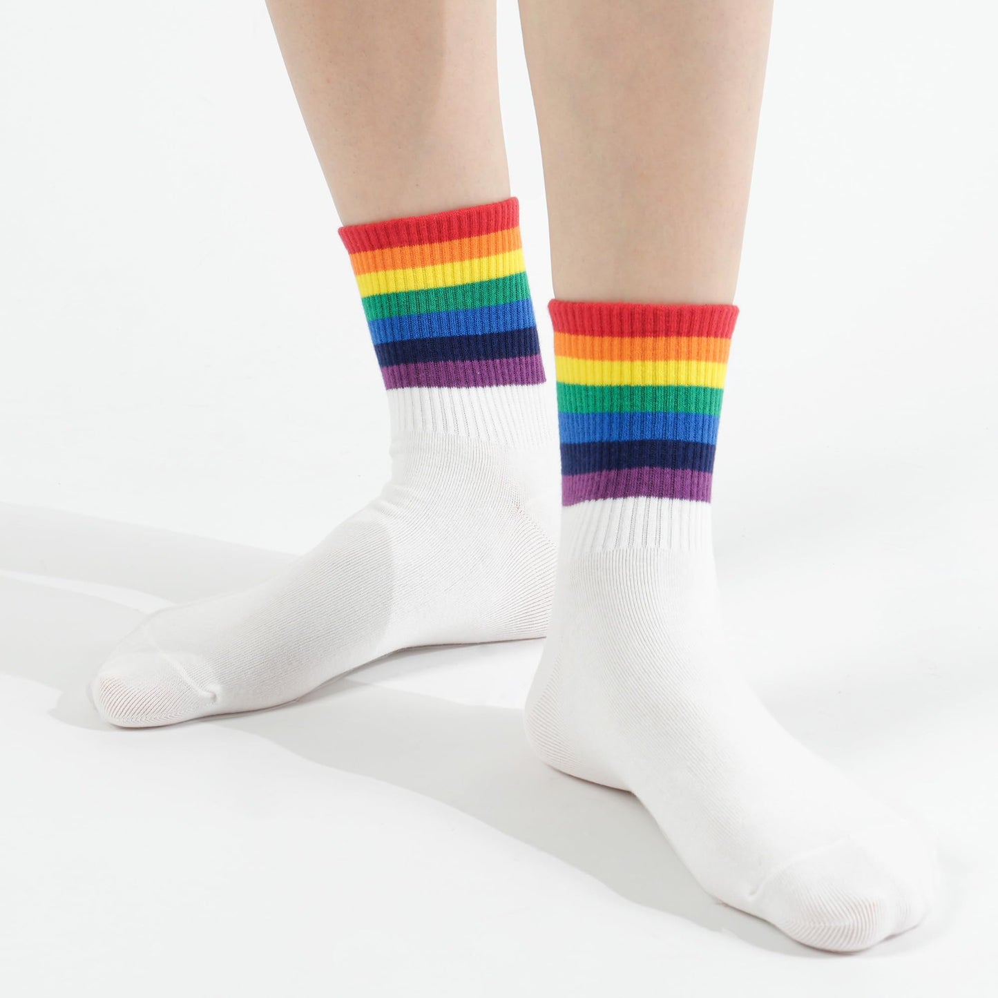 kikiya socks Women Pattern Crew | 6 Pairs Black White Rainbow Tube Pride Color Striped Print Mid Calf Design Daily Trouser Boot Cotton Socks | Womens Ladies Girls Gift | Rainbow Tube