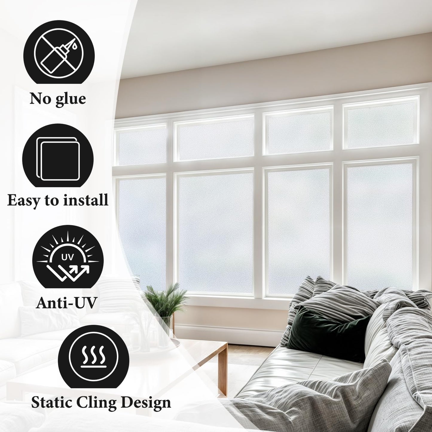 DUOFIRE Privacy Window Film Natural Frosted Glass Film Static Cling Glass Film No Glue Anti-UV Window Sticker Non Adhesive for Privacy Office Meeting Room Bathroom Living Room 35.4 x 157.4 inch. S001