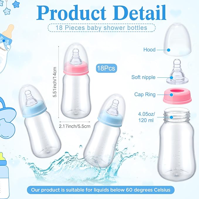 Roowest Bottle Chug Baby Shower Game Favors Including Kraft Theme Wooden Sign and 18 Pcs Baby Bottles for Gender Reveal Party Supplies
