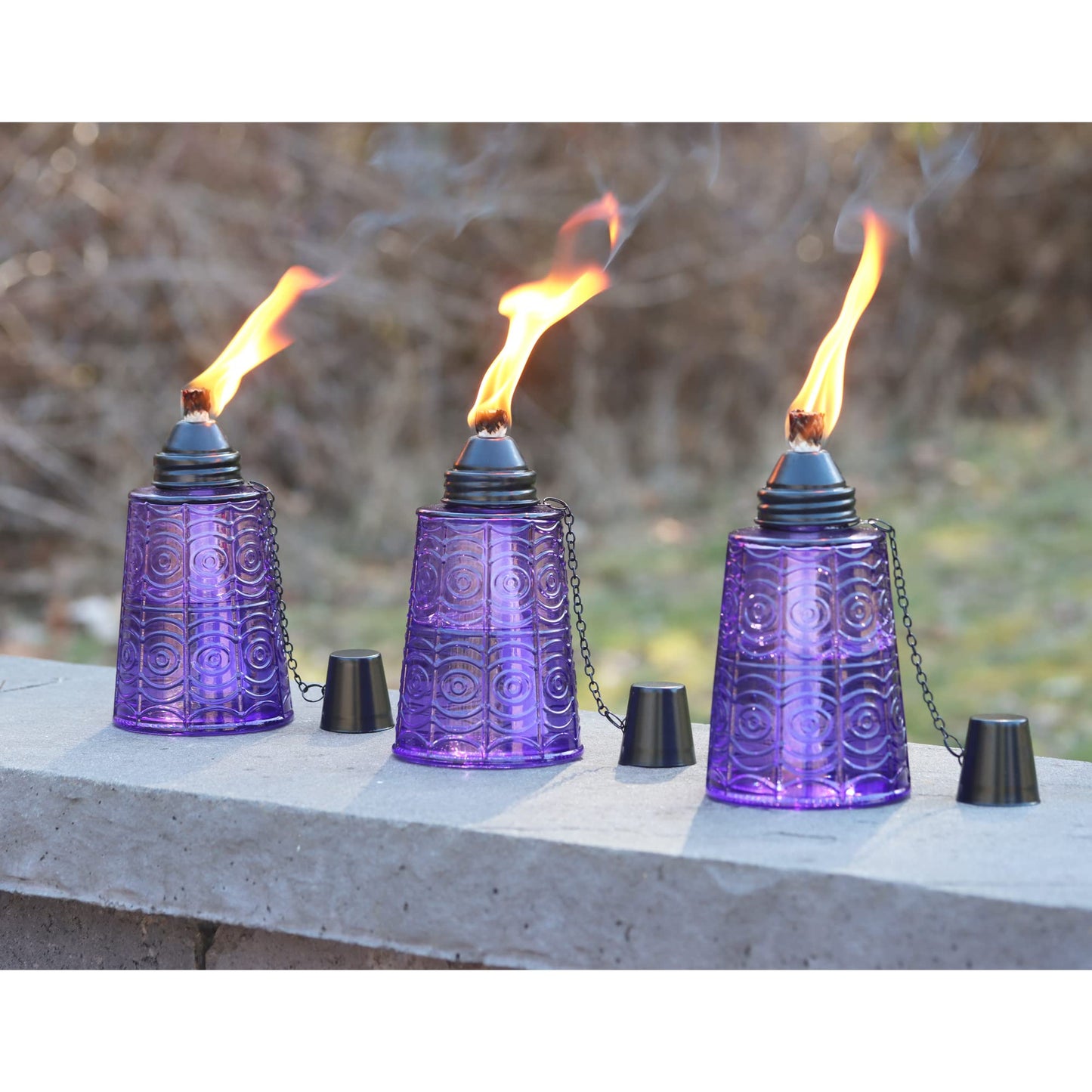 Seraphic Citronella Table Top Torches, 16oz Decorative Glass Candles, Set of 3, Purple