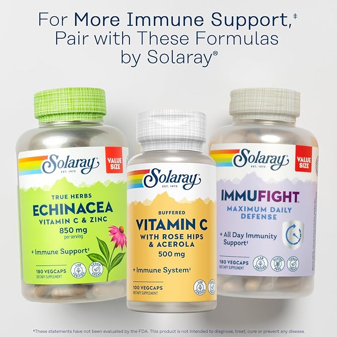 SOLARAY Buffered Vitamin C 500mg - Plus Rose HIPS and Acerola - Immune Support Supplement - Vegan, Lab Verified, 60-Day Guarantee - 100 Servings, 100 VegCaps