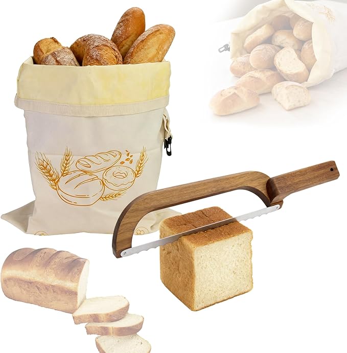 Reusable Beeswax Bread Bags with Bread Knife, 13x17'' Beeswax Bread Bags for Sourdough, Fruits, Vegetables (Natural)