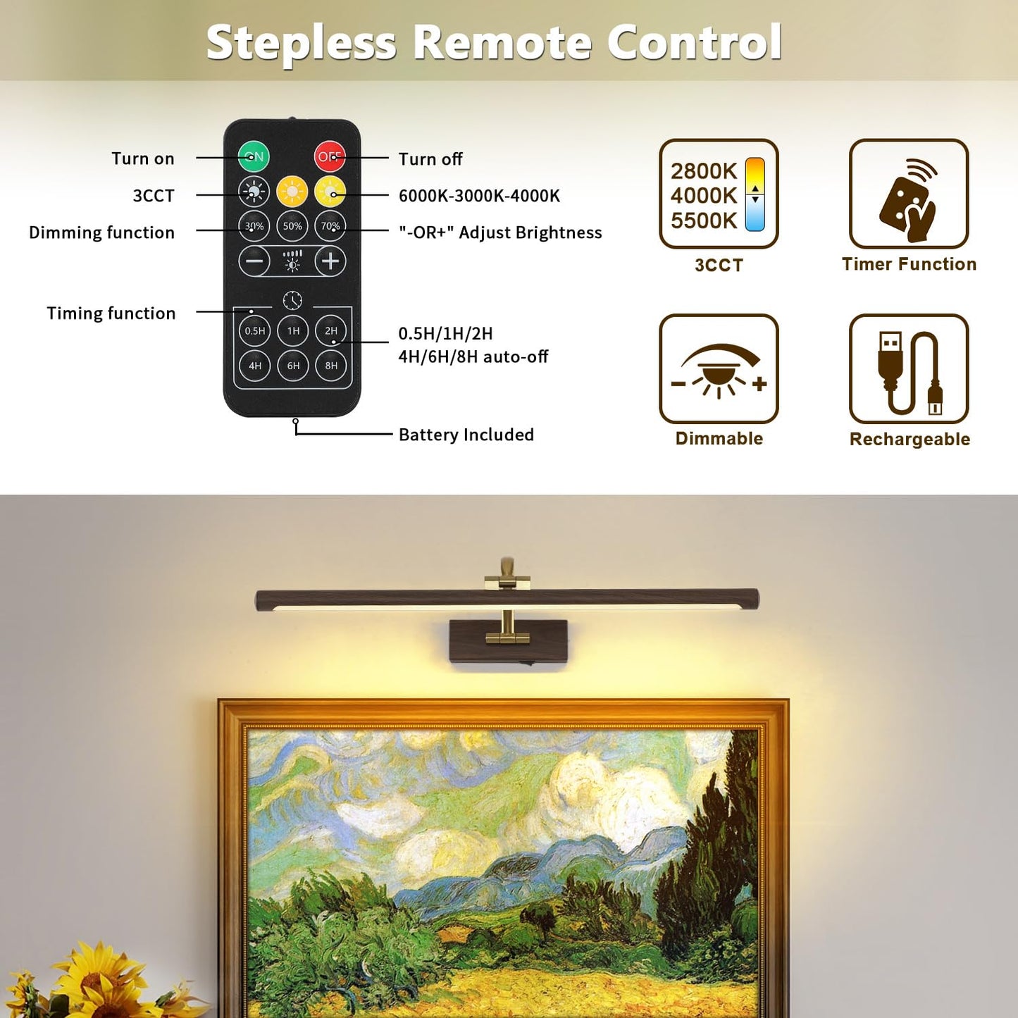 DESOOP Wireless Picture Light, 3CCT Dimmable Art Lighting, 5W, 23.62 Inch, Wood Grain Finish, Model 7115