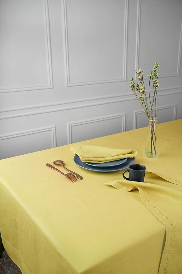 D'Moksha Homes Linen Tablecloth 60 x 144 Inch - 100% Pure Linen Lemon Yellow Tablecloth - Machine Washable Dining Tablecloth for Rectangle Tables