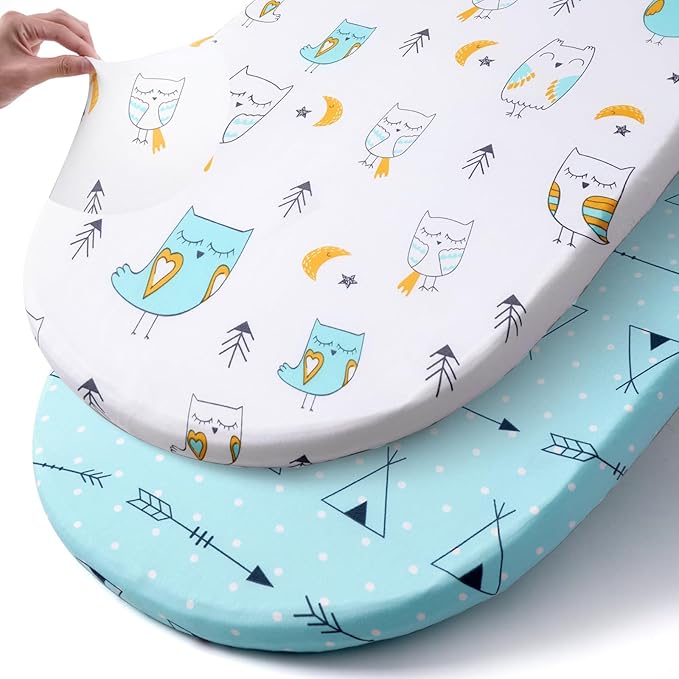 Stretchy Bassinet Sheet Set BROLEX 2 Pack Snug Fitted Cradle Fitted Sheets for Bassinet Pads/Mattress, for Boys Girls,Unisex,Ultra Soft Breathable,Arrow Owl