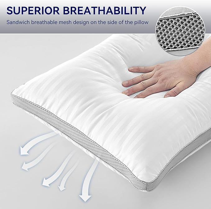 SLEEP ZONE Bed Pillows for Sleeping, Queen Size Set of 2, Sandwich Mesh with Breathable Sides, Premium Soft Pillows for Back, Stomach or Side Sleepers