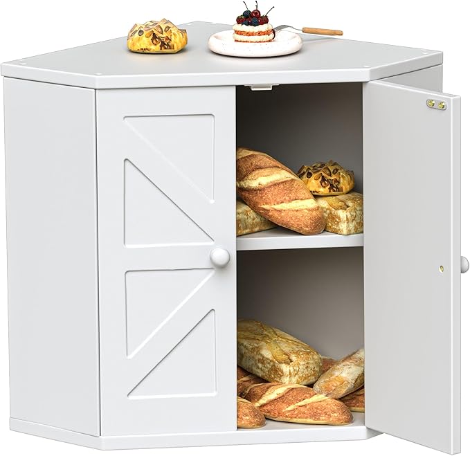 Corner Bread Box for Kitchen Countertop,Storage Container for Homemade Bread, Double Layer BreadBox, Large Capacity Bread Storage Bin, Vintage Farmhouse Breadbox Organizer,White