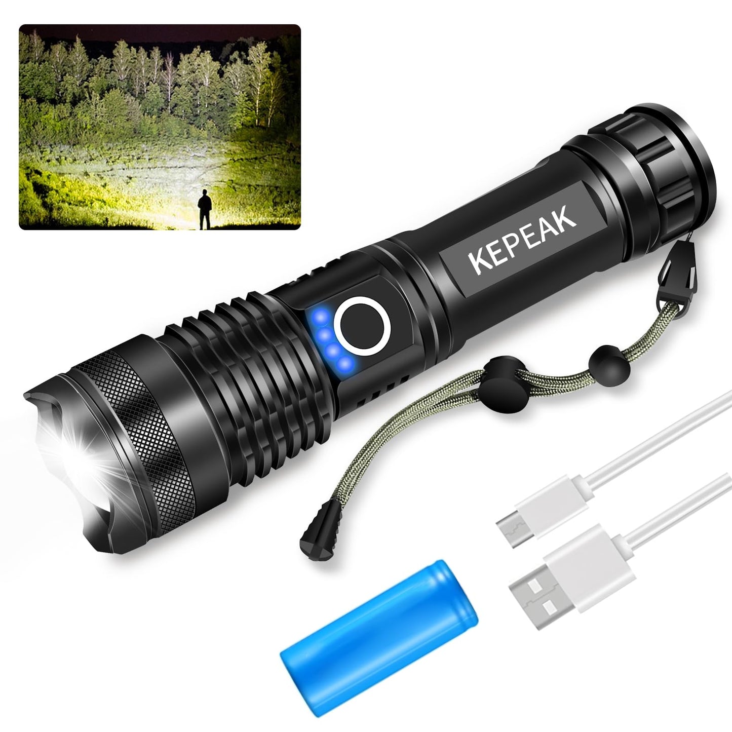 KEPEAK Rechargeable LED Flashlight, High Lumens, Zoomable, 5 Modes, Waterproof, Black, Model Yitiflashlight, 1 pcs