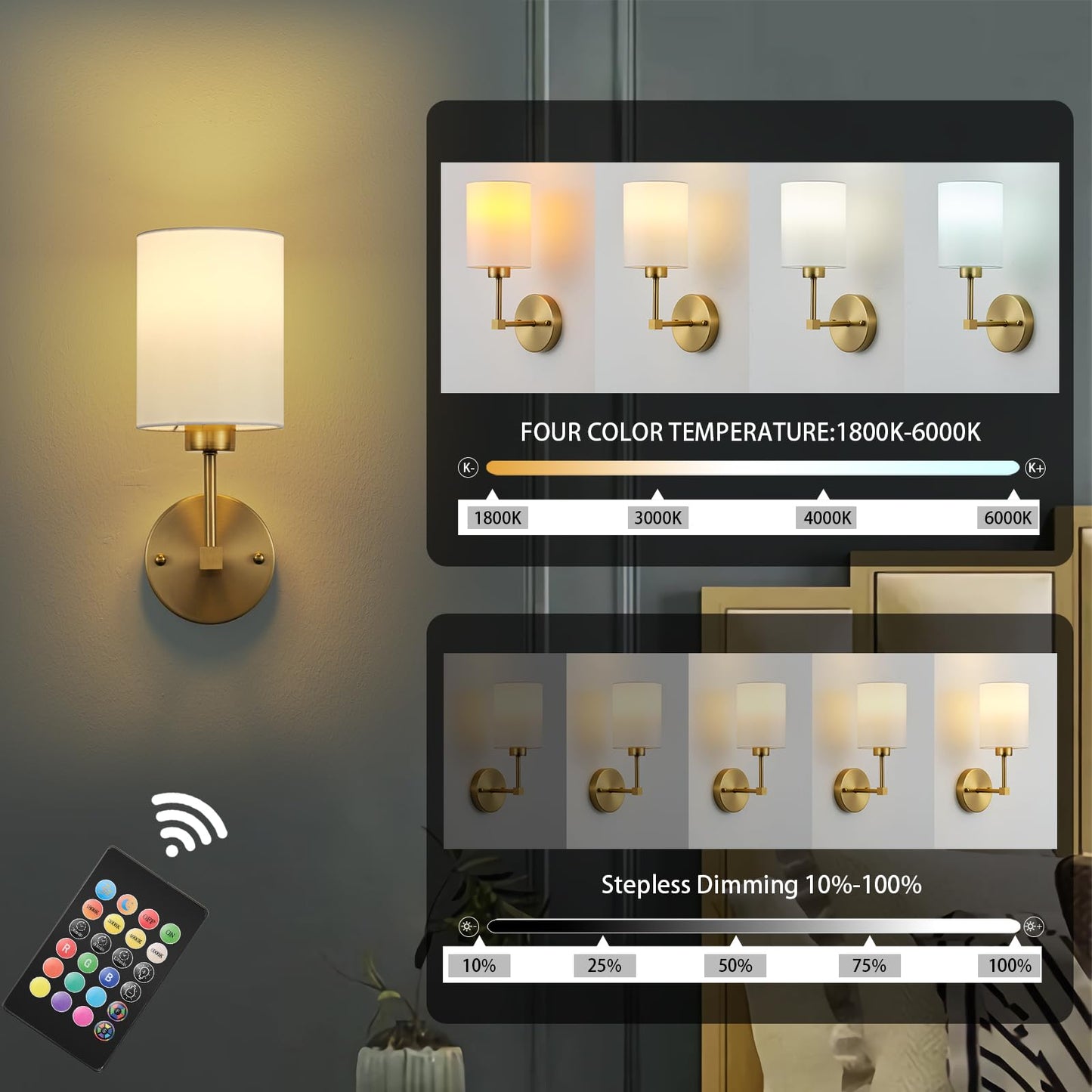 KARTOOSH Battery Operated Wall Sconce Set of Two, Wireless, Dimmable, 13.5 Inch, Brass, Model ZM213BBS35-N1