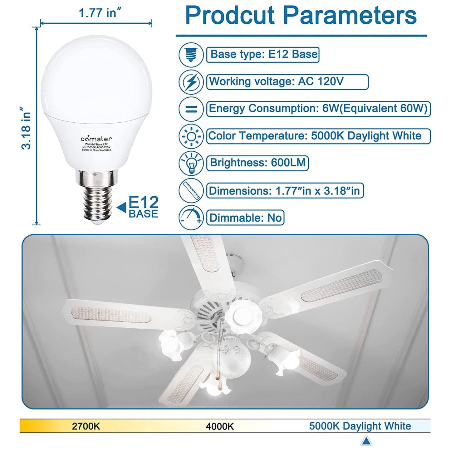 comzler Candelabra LED Bulbs - 60W Equivalent, 5000K Daylight White, E12 Base, 600lm, Non-Dimmable, Pack of 6