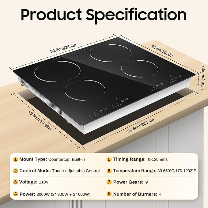 30 Inch Electric Cooktop, 3000w 4 Burner Built-In Glass Ceramic Stove Top with 9 Power Levels, Timer, Safety Lock