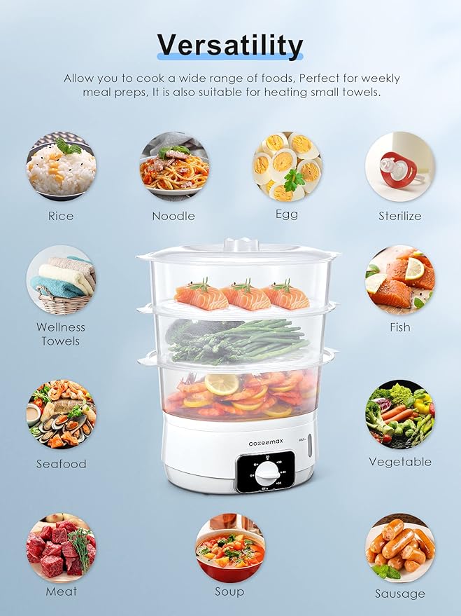 3 Tier Electric Food Steamer for Cooking, 13.7QT Vegetable Steamer for Fast Simultaneous Cooking, Veggie Steamer, Food Steam Cooker, 60 Minute Timer, BPA Free Baskets, 800W(White)