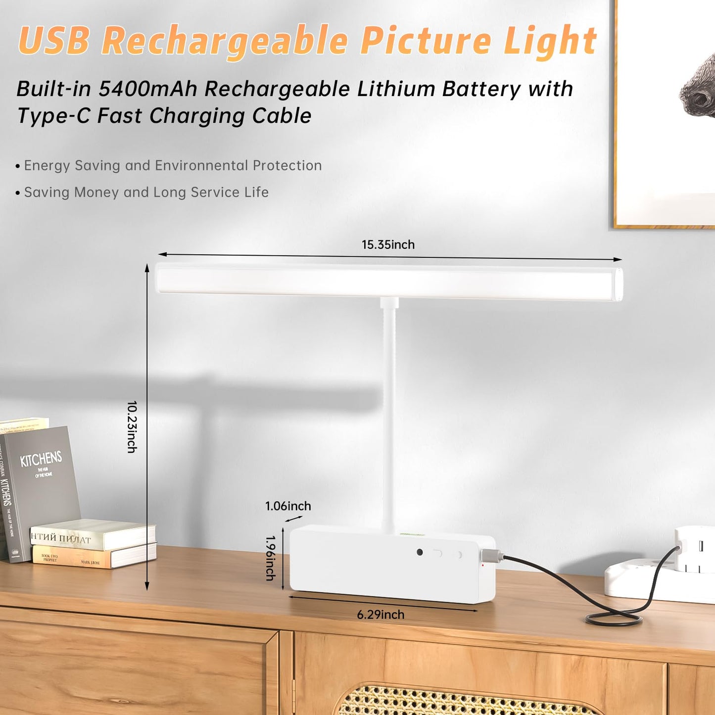 Lightbiz Picture Light, 15.35inch 5400mAh Rechargeable Picture Lights for Wall Battery Operated Wall Lights with Remote, 3 Colors Paintings Light Dimmable Art Light for Artwork, Gallery (White)