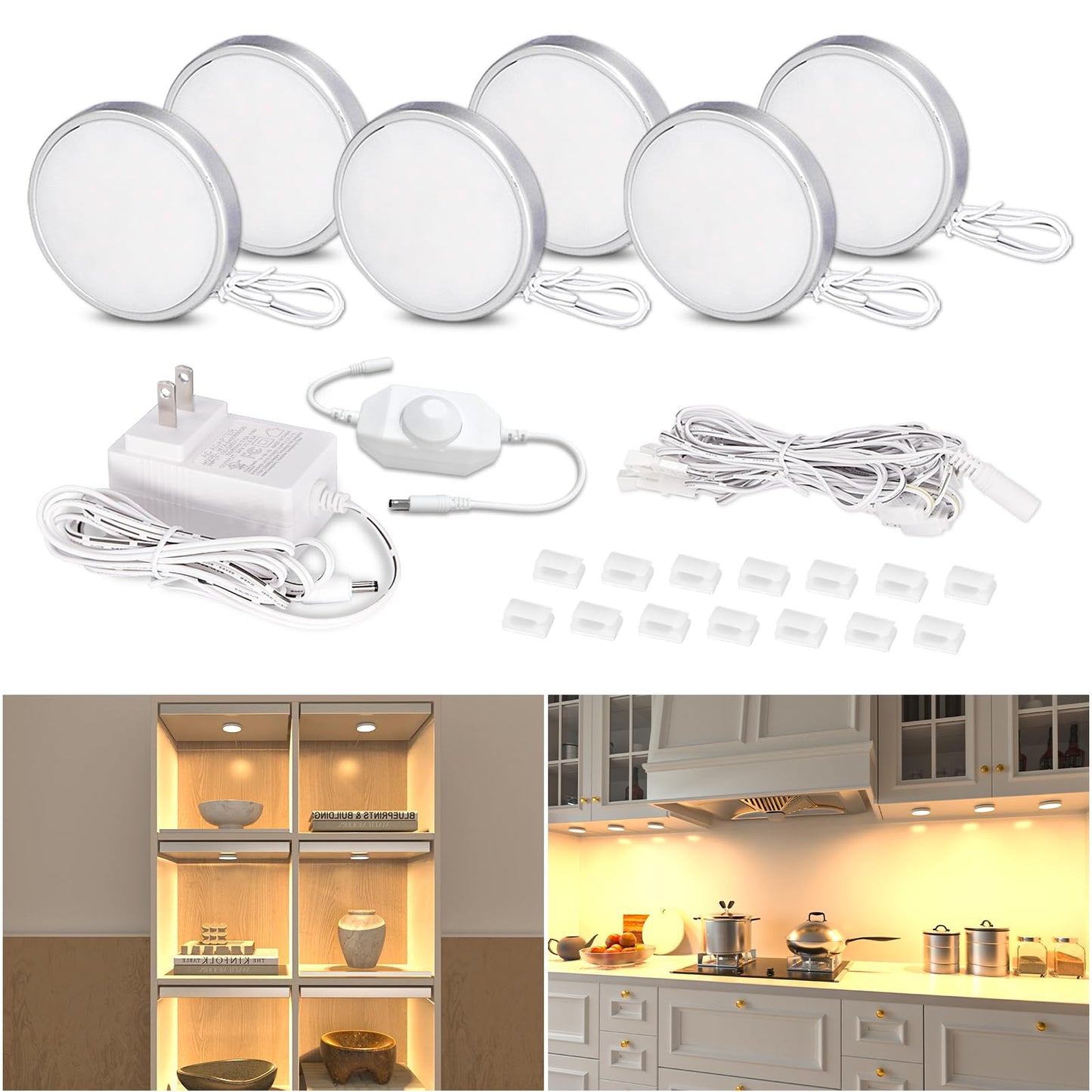 Wobane Led Puck Lights Plug In  Under Cabinet Lighting With Switch  Dimmable Under Counter Lighting For Shelf  Closet  Cupboard  Bookcase  Display  Super Bright  2700K Warm White  6 Pack