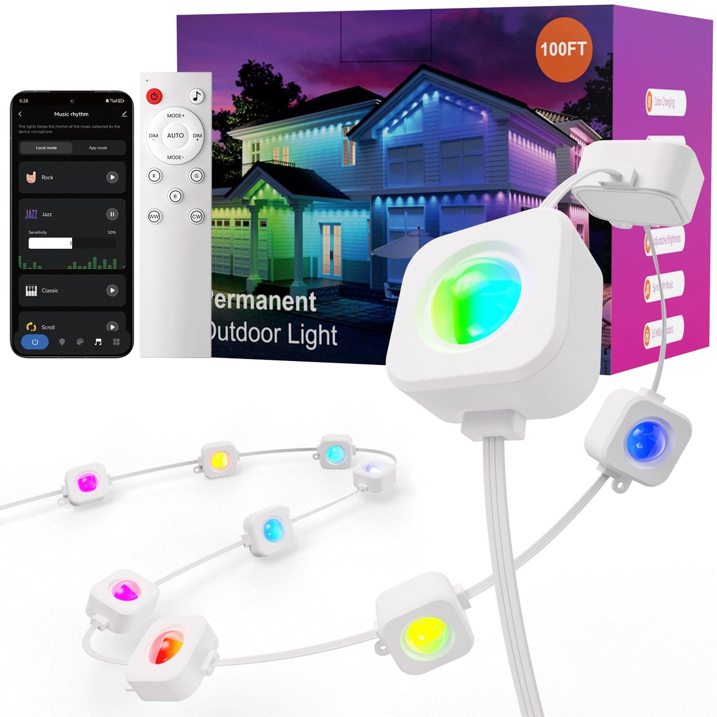 Fitop RGB Smart Outdoor Lights, 100FT IP67 Waterproof LED Strip, Music Sync, Voice Control, Multicolor