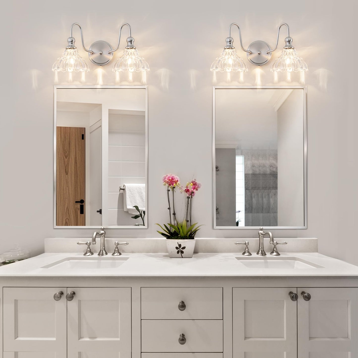 Brknit Vintage Bathroom Light Fixtures Over Mirror  2-Light Brushed Nickel Wall Sconce Lighting With Flower Glass Shade  Farmhouse Vanity Lights For Bedroom Kitchen Living Room Hallway Light