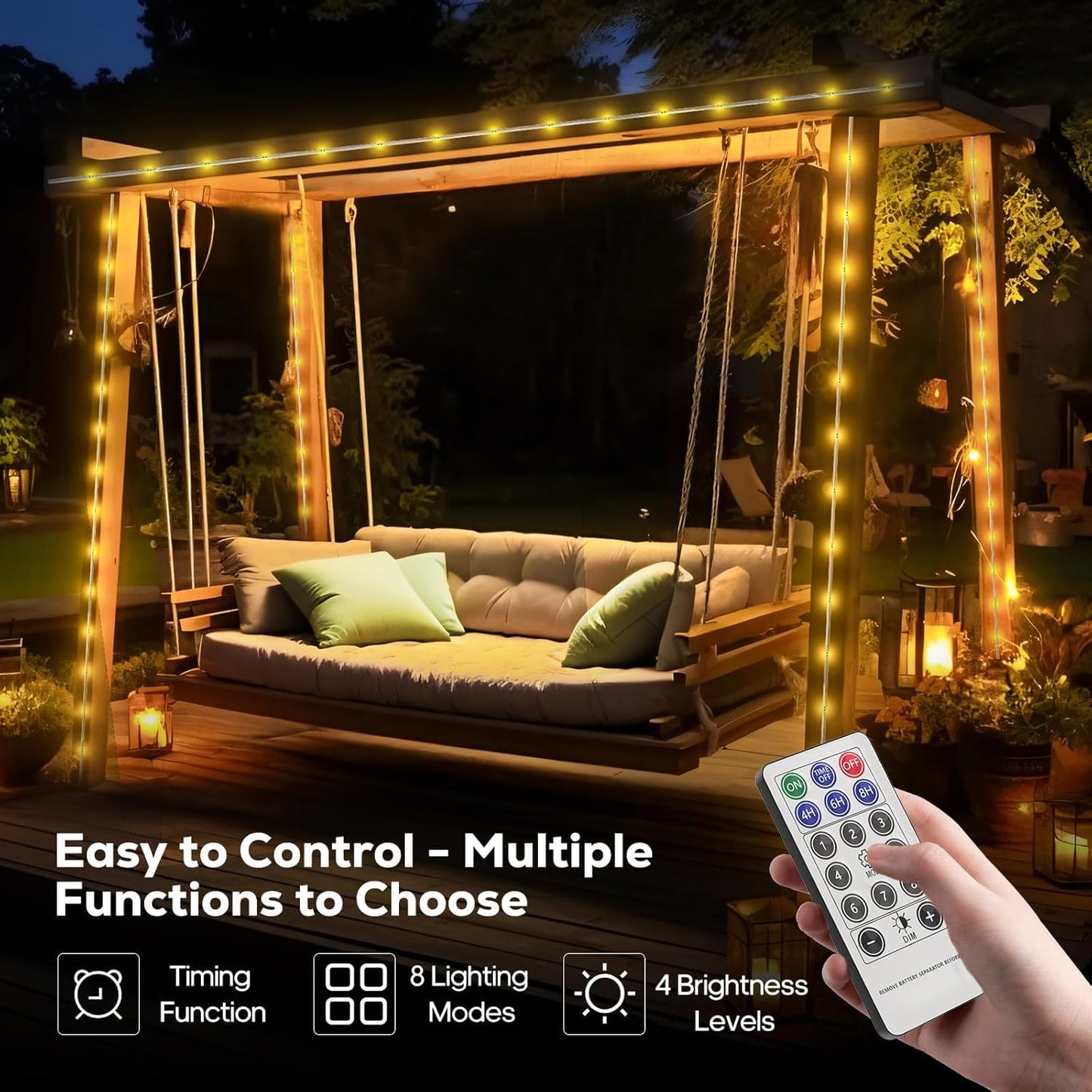 Icrgb Solar Rope Lights Outdoor  39Ft 100 Led Solar Rope Lights Ip67 Waterproof  8 Modes  Outdoor Patio Porch Tree Wedding Christmas Pool Garden Decorative -Warm White