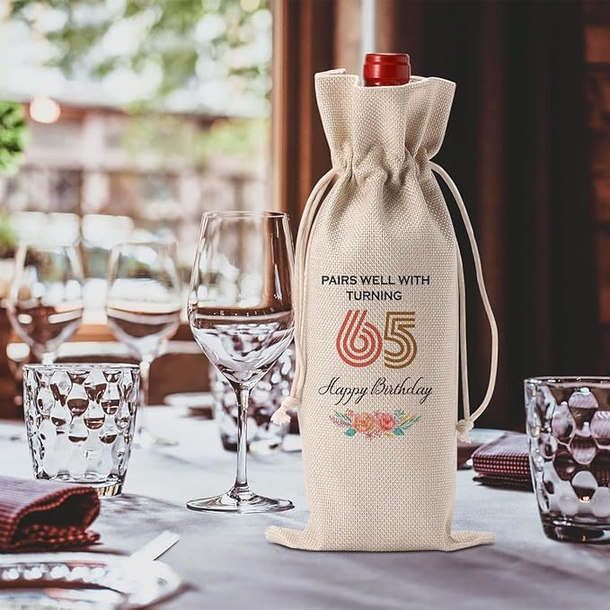 Funny 65th Birthday Gifts for Women Men Wine Bag, Happy Anniversary 65th birthday Party Decorations for Women Men Wine Bags, 65 Year Old Birthday Gifts for Women Wine Bottle Bag