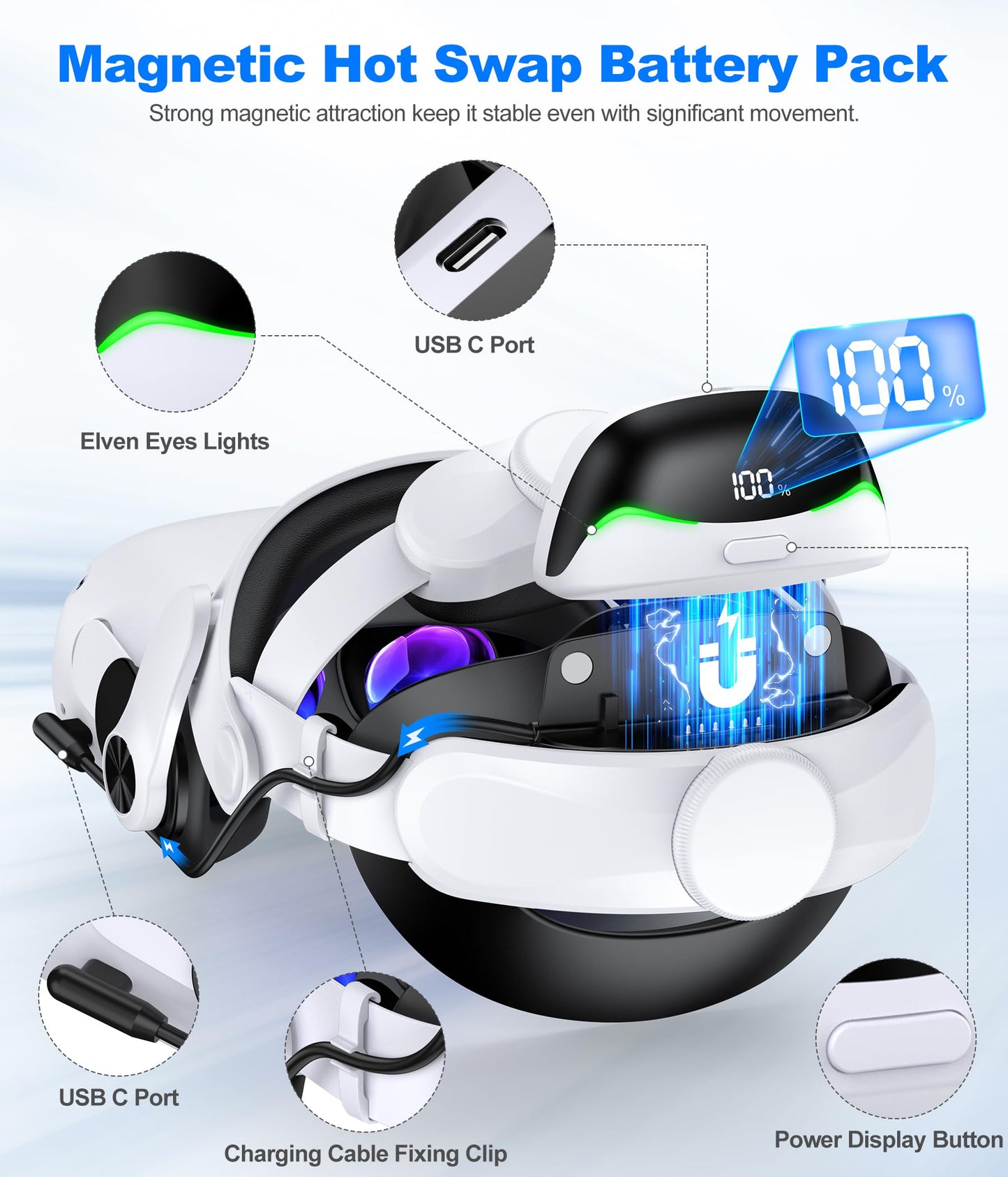 Battery Head Strap for Quest 3S/Quest 3/Quest 2-6700mAh Hot-swappable Battery Oculus Head Strap for Extend Playtime 2-3 Hours, Comfortable VR Head Strap with Enhanced Support to Reduce Pressure