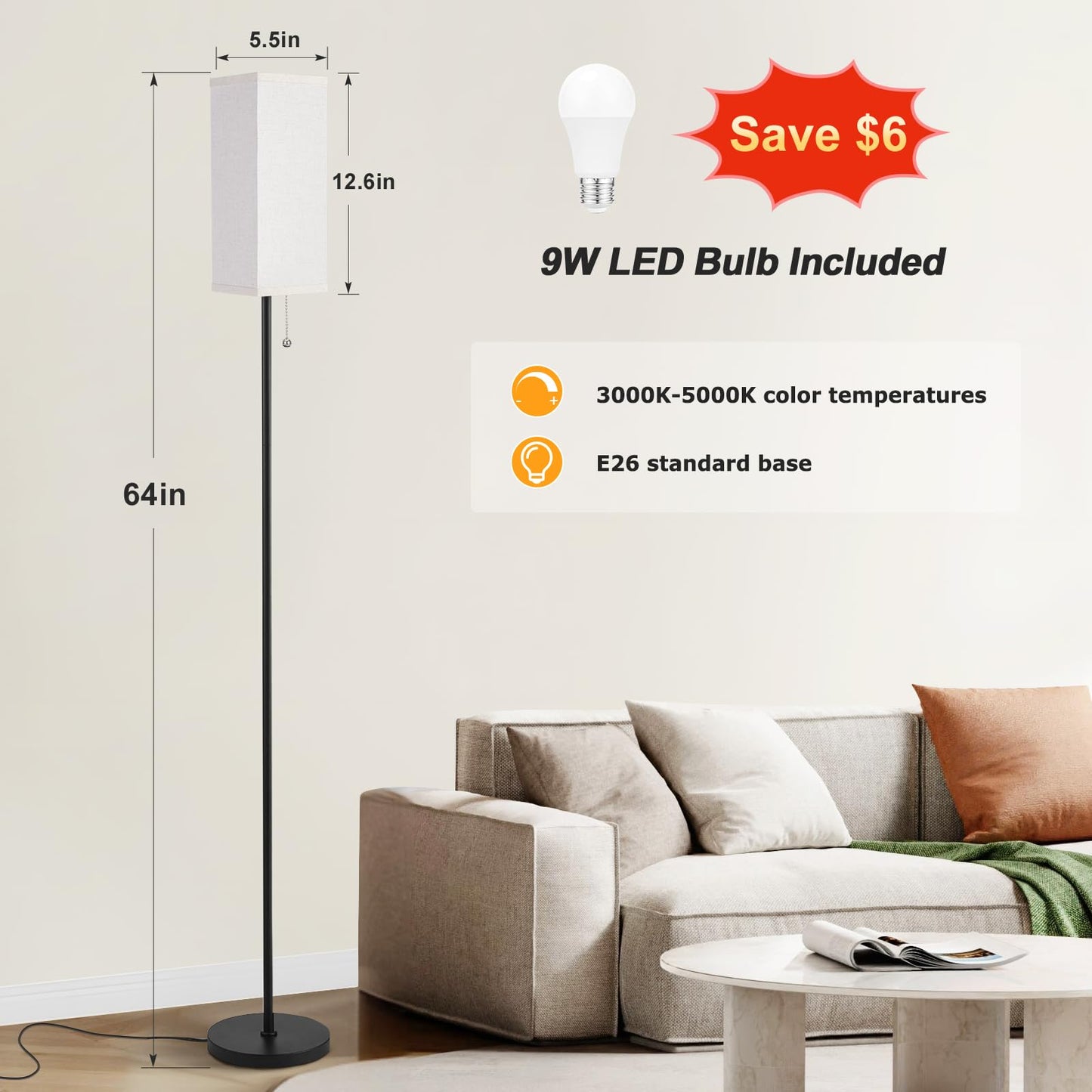 Ambimall Floor Lamp with Pull Chain Switch, 64in Metal Standing Lamp, Beige Square Shade & Black Pole, Model RPT-ZGB122