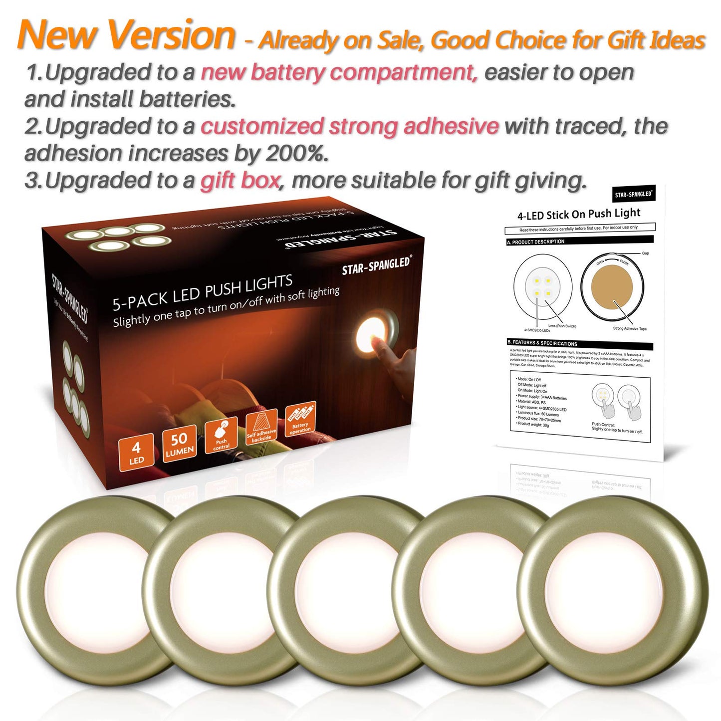 Star-Spangled 5 Pack Push Tap Lights, Led Touch Puck Lights, Golden Warm White, Battery Operated, Model Us-8016-Ye5-G
