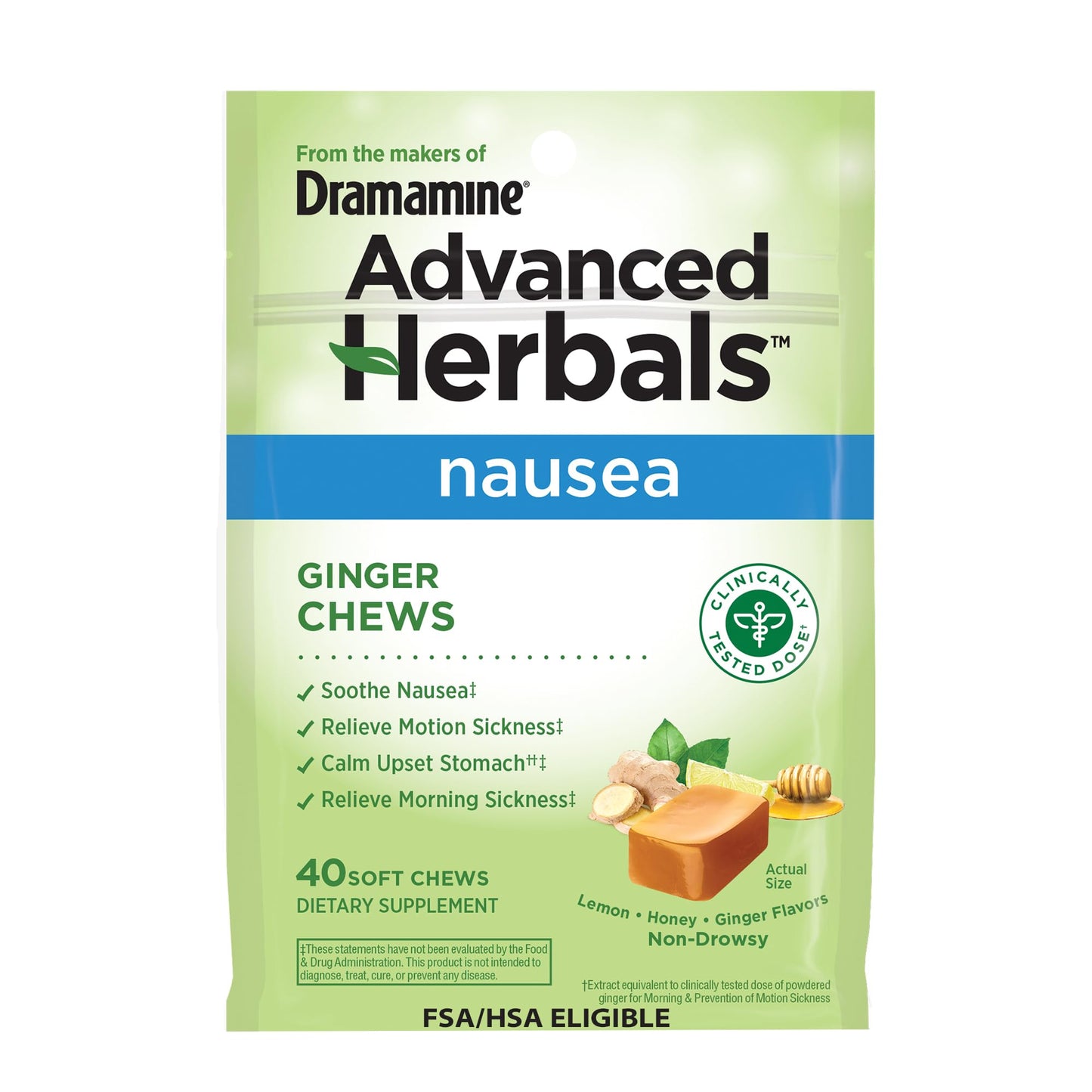 from The Makers of Dramamine, Advanced Herbals, Ginger Chews, Nausea Relief Soft Chews Lemon-Honey-Ginger, 40 Count