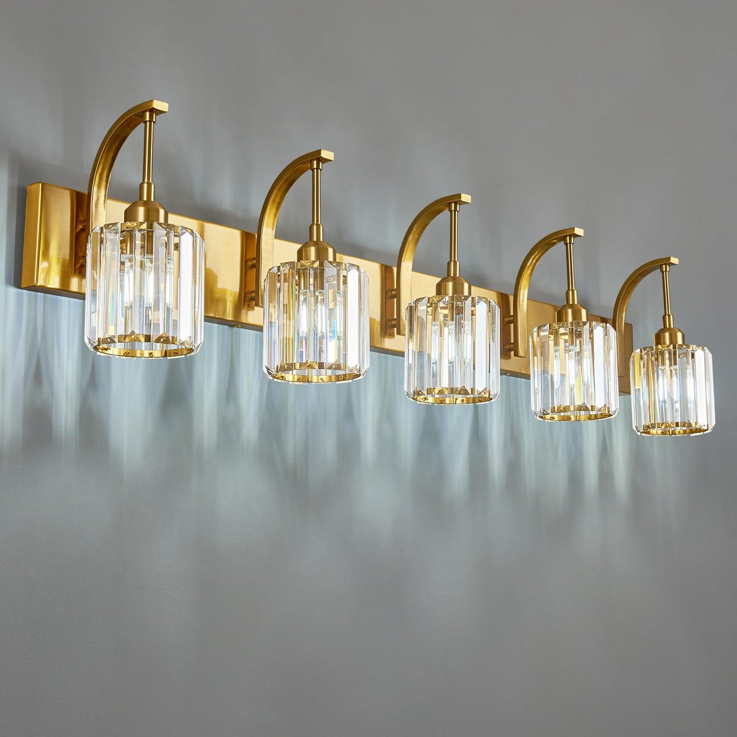 Fdpby 5-Light Crystal Vanity Light  Modern Gold Bathroom Wall Sconce With K9 Crystal Shades  42.51 Long Over Mirror Lighting For Vanity  Makeup  Hallway  Elegant & Easy Installation