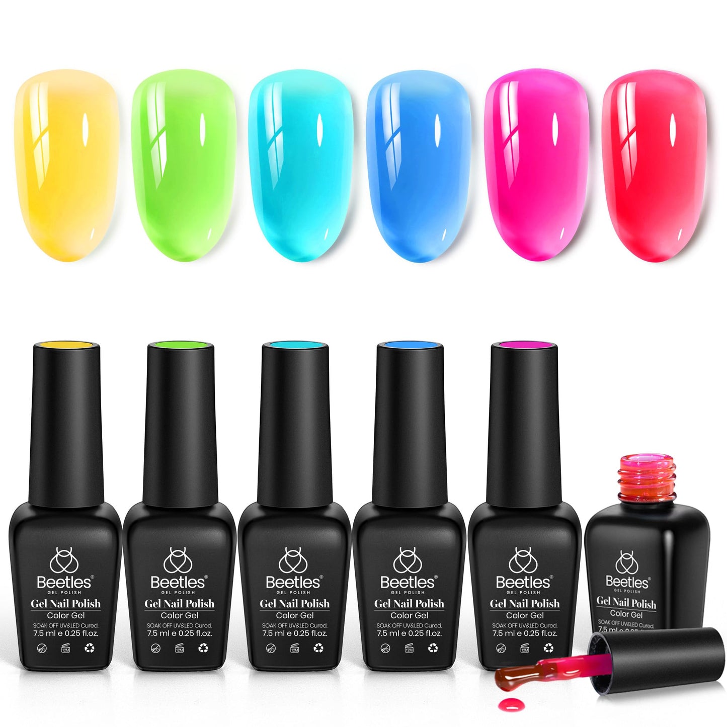 Beetles Jelly Gel Nail Polish Set, 6 Colors Summer Neon Gel Nail Polish Kit Sheer Transparent Effect Hot Pink Red Blue Yellow Gr