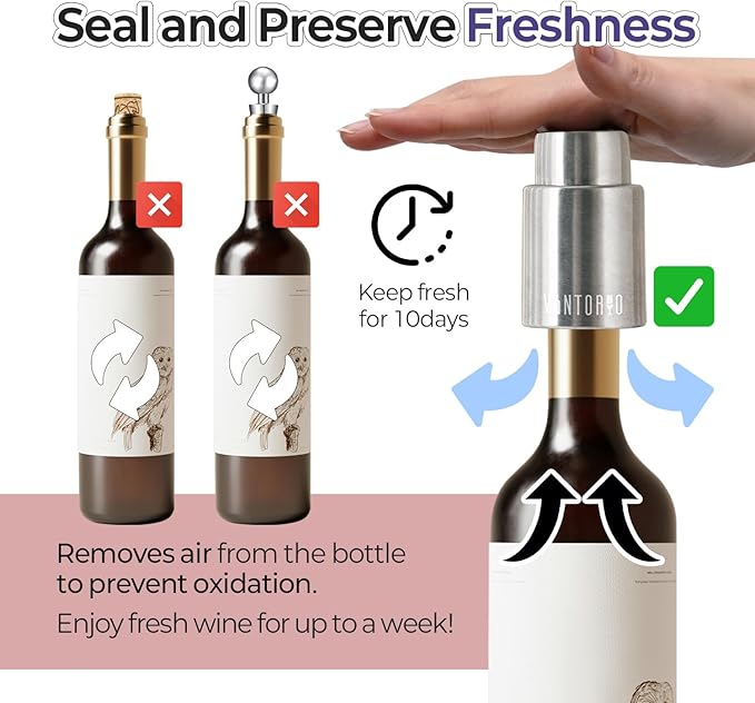 [2 PACK] Vintorio Wine Bottle Stoppers, Vacuum Wine Stoppers, Reusable Wine Preserver, Wine Corks Keep Fresh