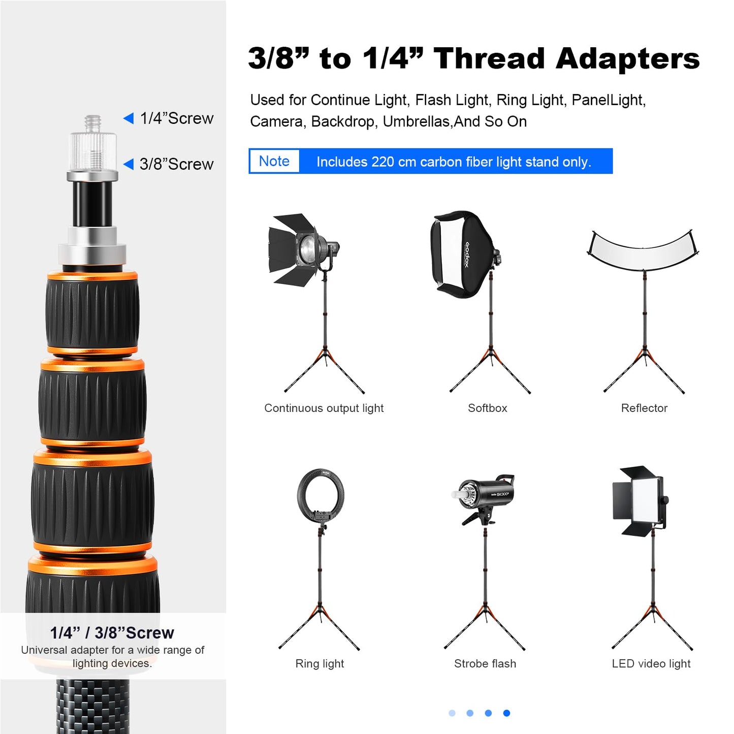 Carbon Fiber Extendable Travel Light Stand 7.2ft / 2.2m Sturdy Light Weight Portable Tripod Light Stand with Carry Bag for Photography Studio Outdoor Shooting Speedlight Flash Reflector Ring Light