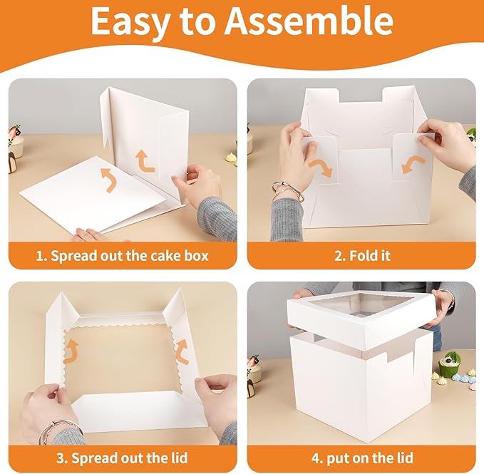 WINKIO 10 Inch Cake Box with Cake Boards, 2 Pack Disposable Cake Carrier, Cakes Transport Container, White Bakery Holder with Window, for Cookies Pies Cupcakes Pastry (10×10×8 Inches)