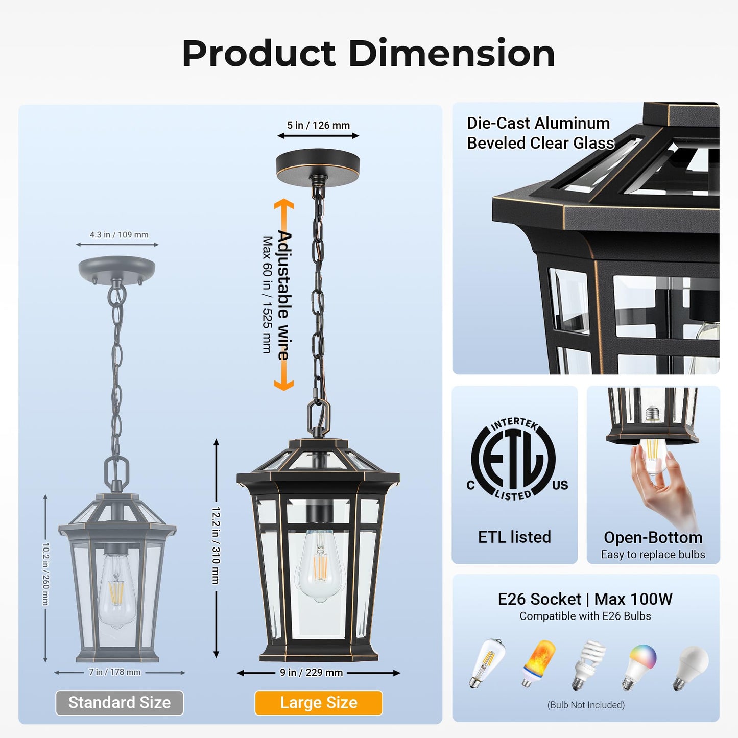 Vianis Large Outdoor Pendant Light With Adjustable Chain  Black Hanging Lights With Gold Trim  Aluminum Outdoor Chandelier For Porch With Tempered Glass  Hanging Lighting For House  Doorway  Entryway
