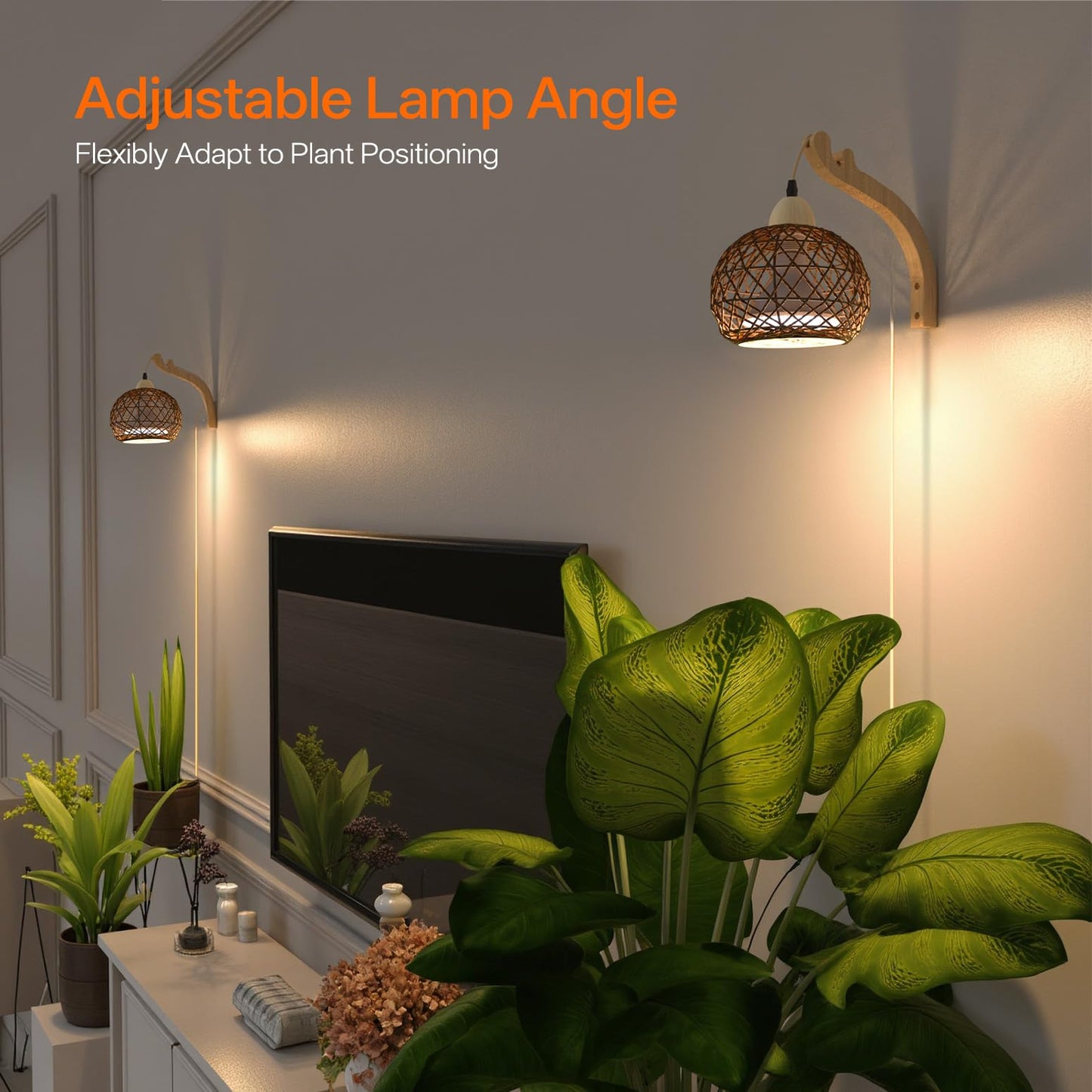 Bstrip 18W Hanging Grow Light for Indoor Plants, Full Spectrum, Boho Rattan Shade, 3800K, Warm White, Wall-Mounted, Model BP-W001