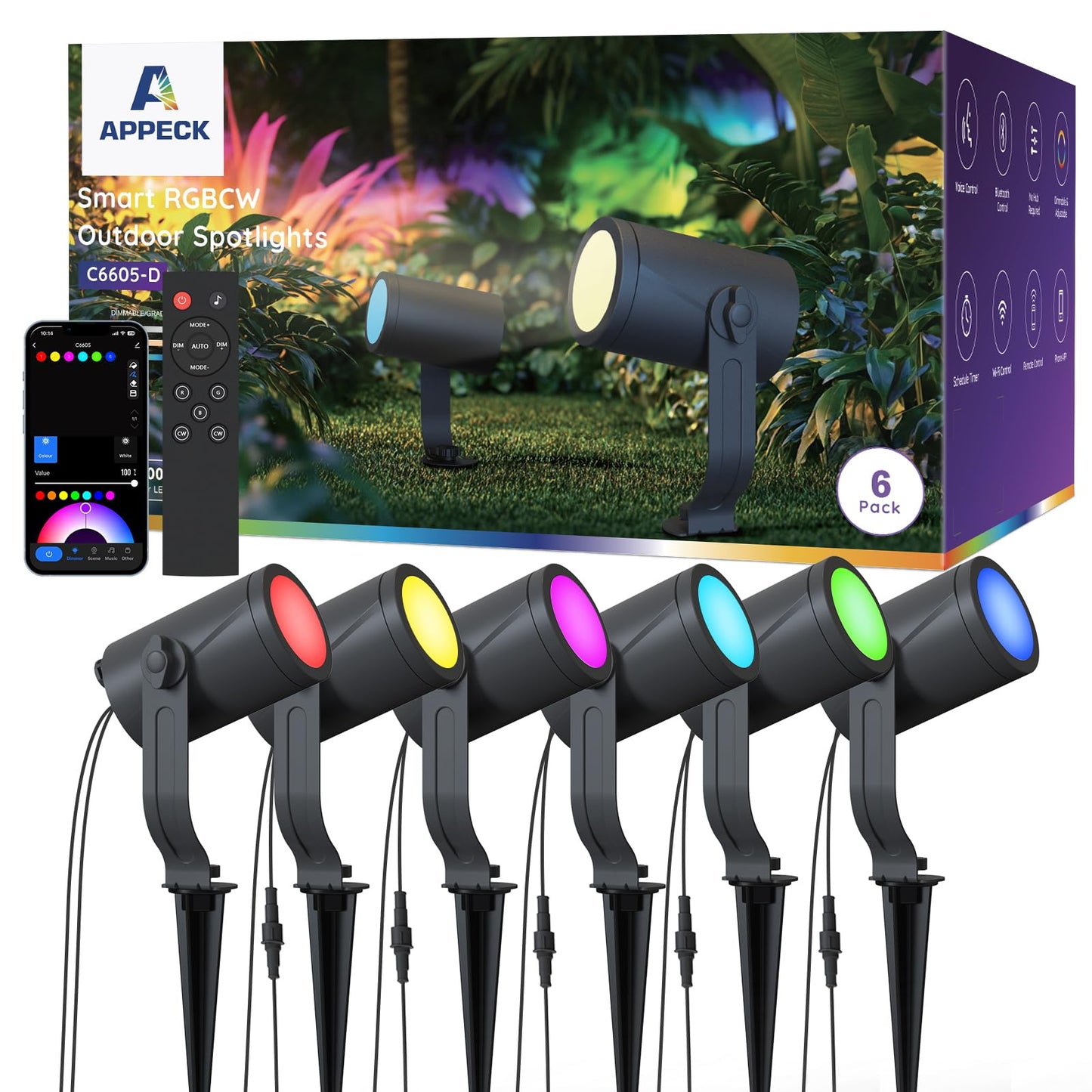 Appeck Smart Landscape Lighting Kit 36W  Rgbcw Smart Landscape Lights 6 Pack  Ip65 Waterproof Outdoor Spotlights  Alexa/Google Assistant Compatible  For Garden Pathway Yard Holiday Decor