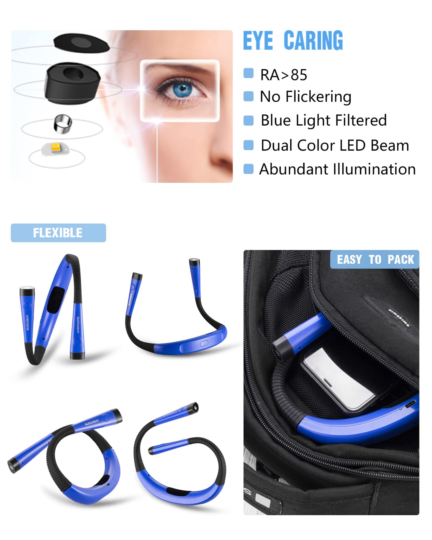 Glocusent Book Light, 3-Color & 6-Brightness, Medium Size, Lake Blue, Model GLCSNTBL001, Rechargeable, Bendable Neck