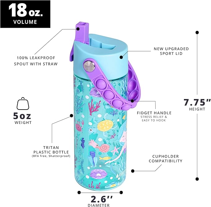 Elemental Leak Proof Water Bottles for Kids - Splash Kids Water Bottle for School with Fun Fidget Pop-it Handle - Tritan Plastic Water Bottle with Straw - Mermaid & Pink Unicorn - 18oz (2 Pack)