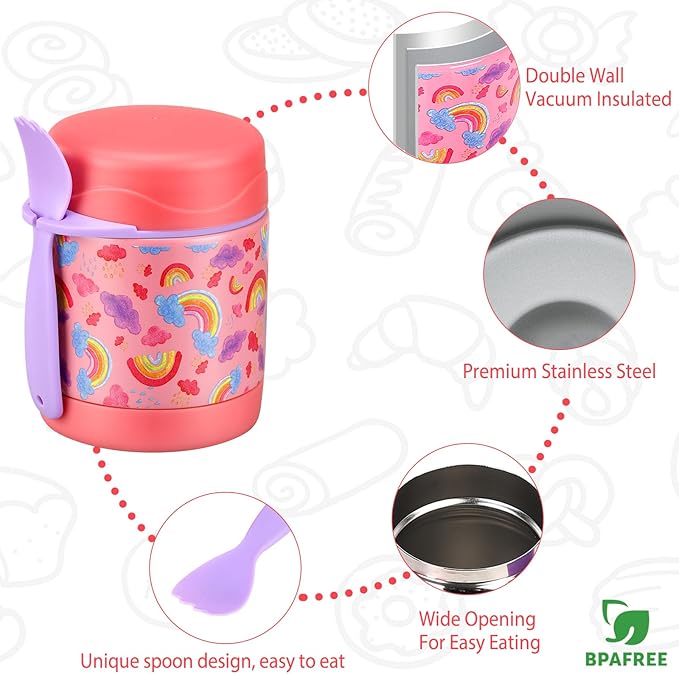 10oz Soup Thermo for Hot Food Kids,Lunch Kids Jar with Spoon Insulated Containers,Leak Proof Stainless Steel Wide Mouth Lunch School(Pink-Rainbow), (thermos-CH)